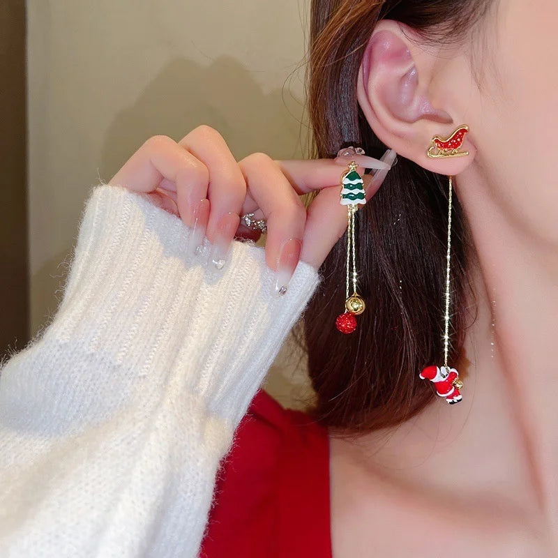 Trendy Christmas asymmetrical dangle earrings for women by HSF Marketplace, festive holiday design