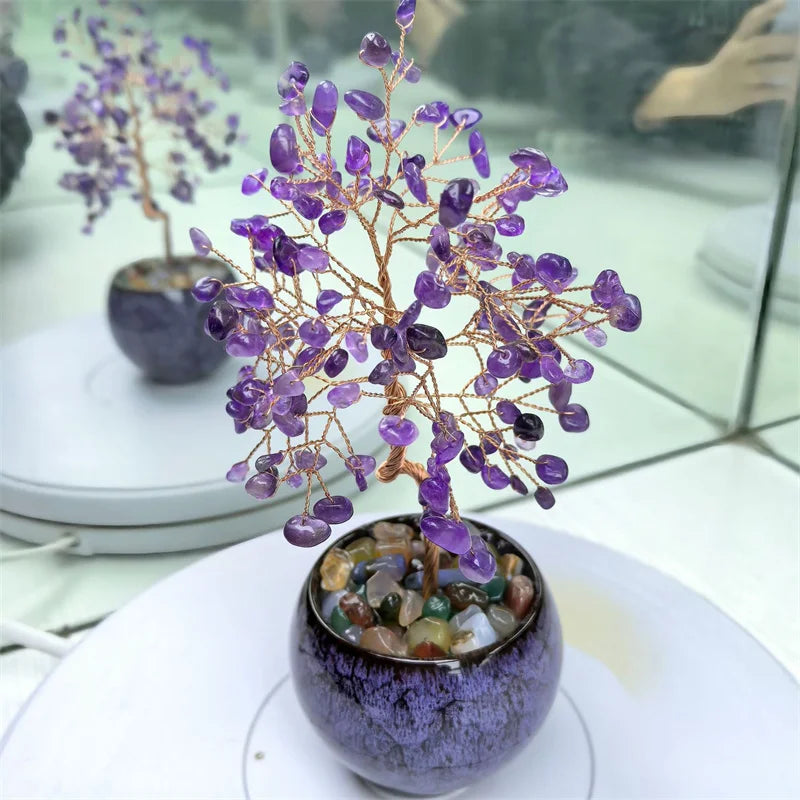 1set Crystal Crushed Stone Amethyst Handmade Crystal Crafts Tree of Life Indoor Decorative Stones for Home Decor Desktop Ornamen