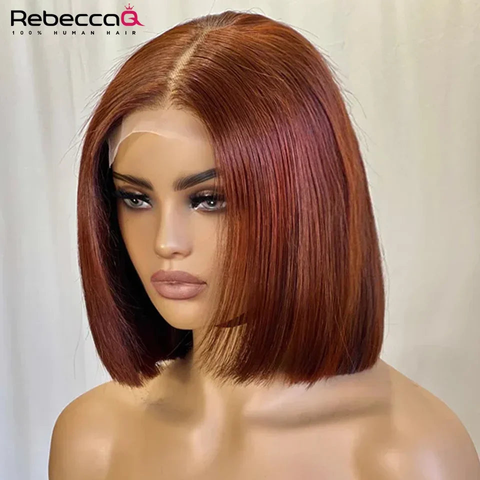 Ginger brown lace front human hair wig with short bob style, reddish brown color, glueless Brazilian Remy hair, 13x6 lace area