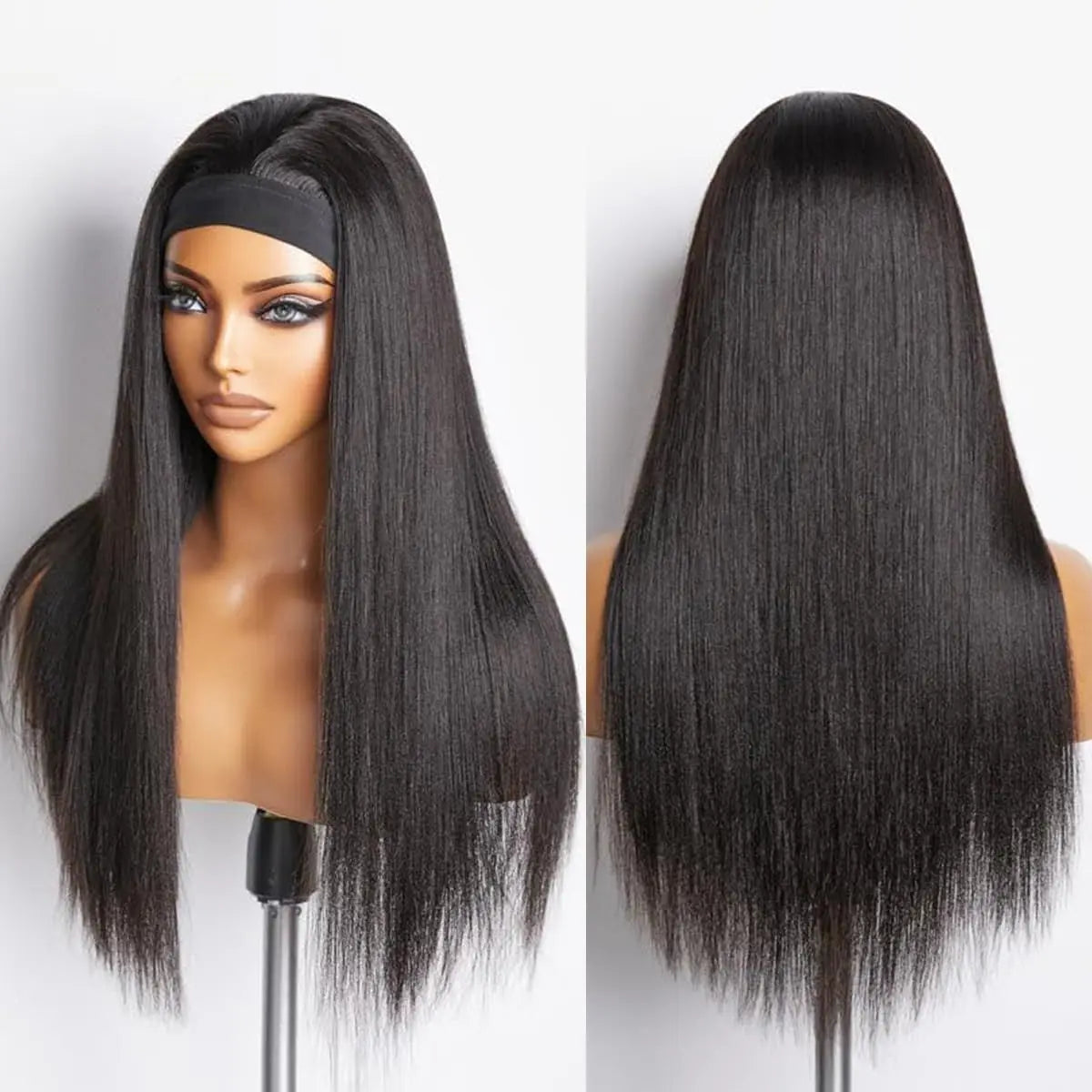 HSF Marketplace 18-inch straight Brazilian human hair headband wig, natural color, 200% density, machine-made half wig