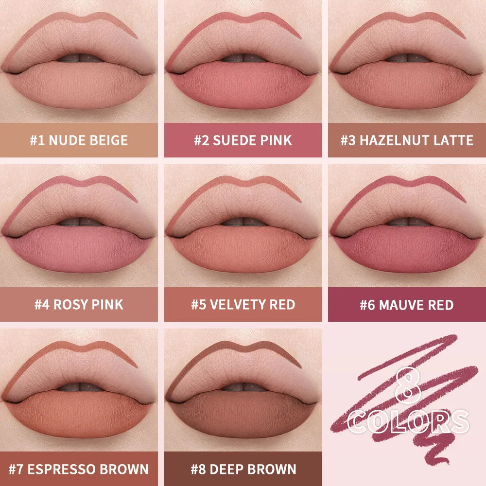 HSF Marketplace stain lip liner pencil with 8 waterproof, long-lasting matte nude shades for shaping lips in a creamy cosmetic finish.