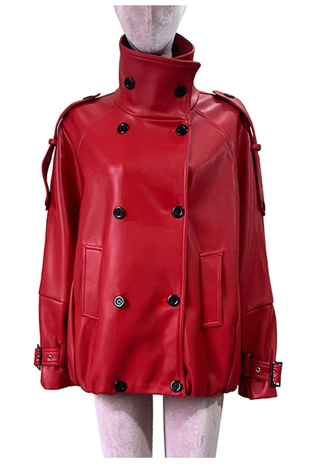 Nerazzurri women's autumn PU leather trench coat, double-breasted with a thick waterproof windproof design
