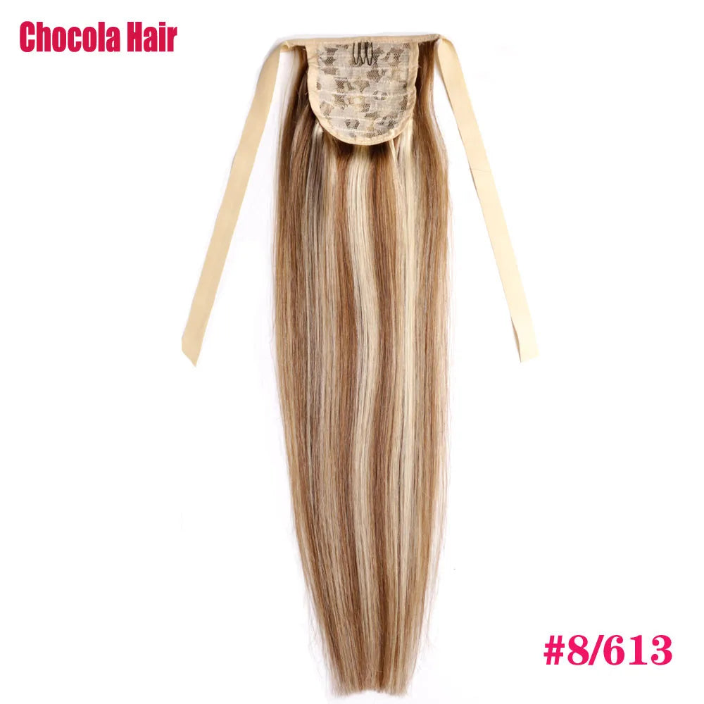 Chocola 16-18 inch Brazilian Remy straight hair ribbon ponytail clip-in, 100% human hair extension