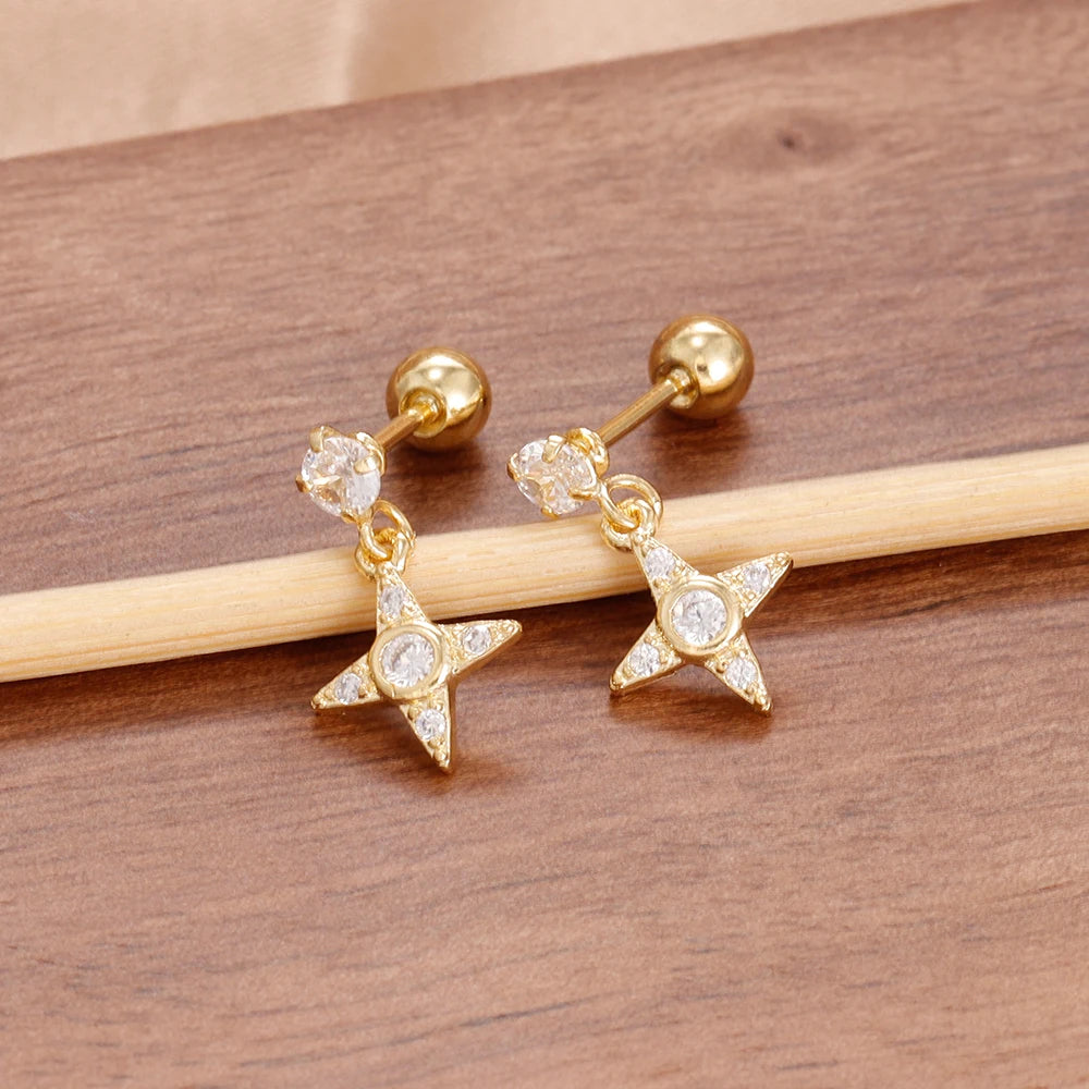 HSF Marketplace stainless steel star dangle earrings with sparkling zircon accents