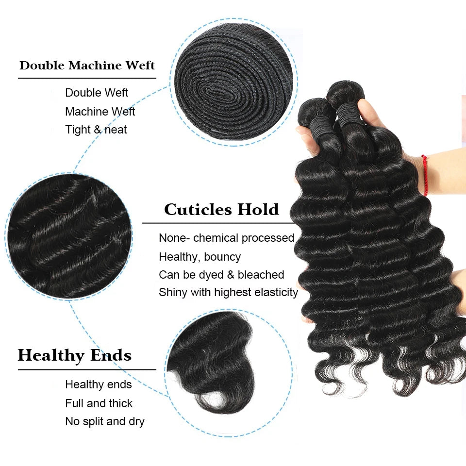 Loose Deep Wave Human Hair Bundles With Closure 4x4 13x4 HD Transparent Lace Frontal And 3/4 Bundles Unprocessed Raw Double Weft Virgin Human Hair Extensions Weaves Brazilian Remy Hair Bundles Deals For Women Daily Use Birthd
