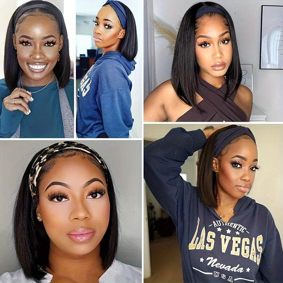 HSF Marketplace short straight Brazilian human hair bob wig with headband, full machine-made construction