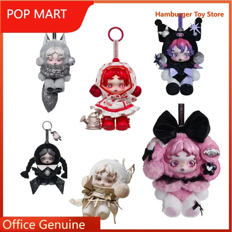 POPMART Skullpanda My Melody Kuromi plush doll pendant amid flowers blind box collectible keychain, Wednesday design