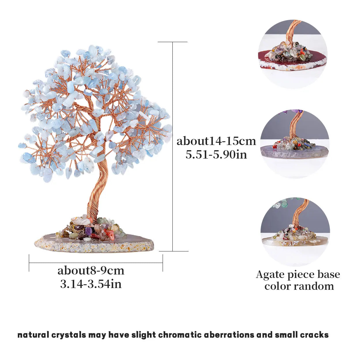 1PC Natural Crystal Lucky Tree Copper Wire Winding Colorful Gravel With Agate Slice Base Home Decoration Money Trees