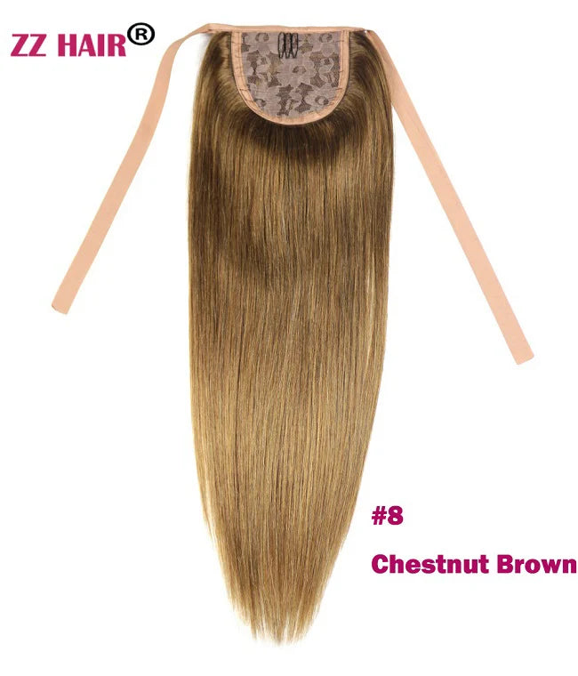 ZZHAIR Brazilian Remy human hair ribbon ponytail, 16–20 inch natural straight horsetail clip-in, 60g