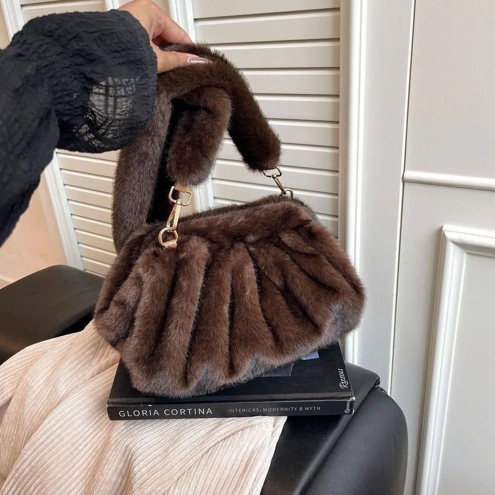 Large capacity HSF Marketplace women's crossbody handbag with relaxed texture mink fur, solid color, and shoulder strap.