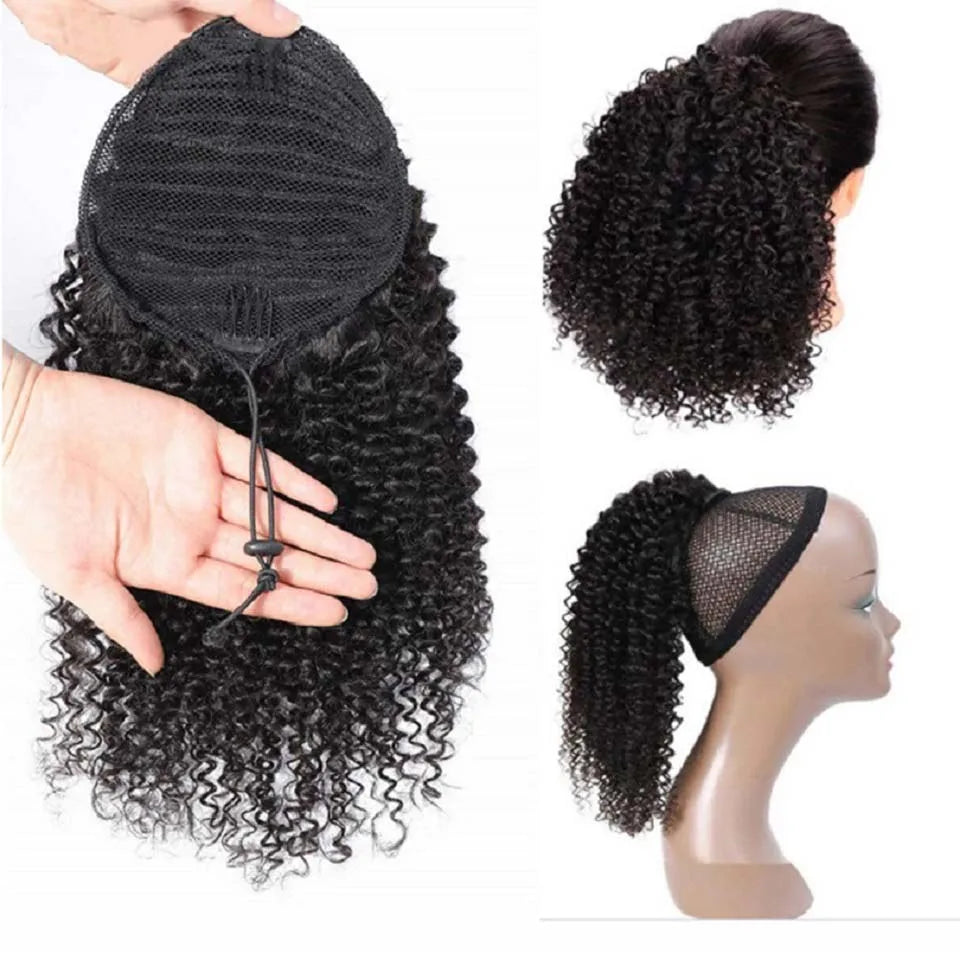 Human hair afro kinky curly drawstring ponytail extension with clips and wrap for women, natural fluffy afro puff