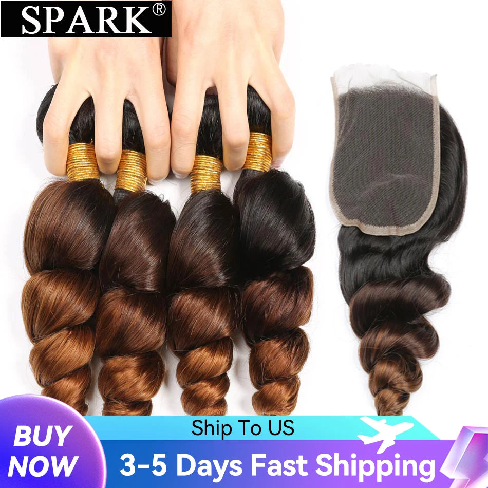 Spark Ombre Peruvian Loose Wave Bundles with Closure Remy Hair Extension Human Hair Bundles with Closure