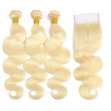 15A Human Hair Bundles with Closure 4x4 HD Lace 613 Blonde Body Wave Bundles Human Hair Weaving Remy 100% Human Hair Extensions