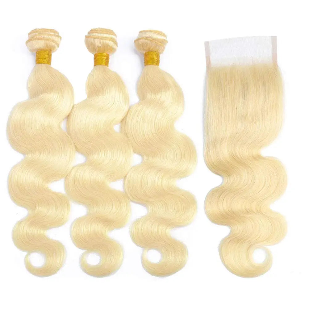 15A Human Hair Bundles with Closure 4x4 HD Lace 613 Blonde Body Wave Bundles Human Hair Weaving Remy 100% Human Hair Extensions