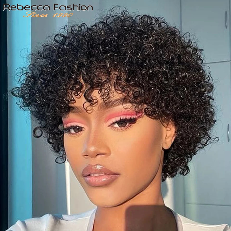 Rebecca short pixie afro kinky curly human hair wig in natural brown with bangs for Black women