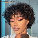 Rebecca short pixie afro kinky curly human hair wig in natural brown with bangs for Black women