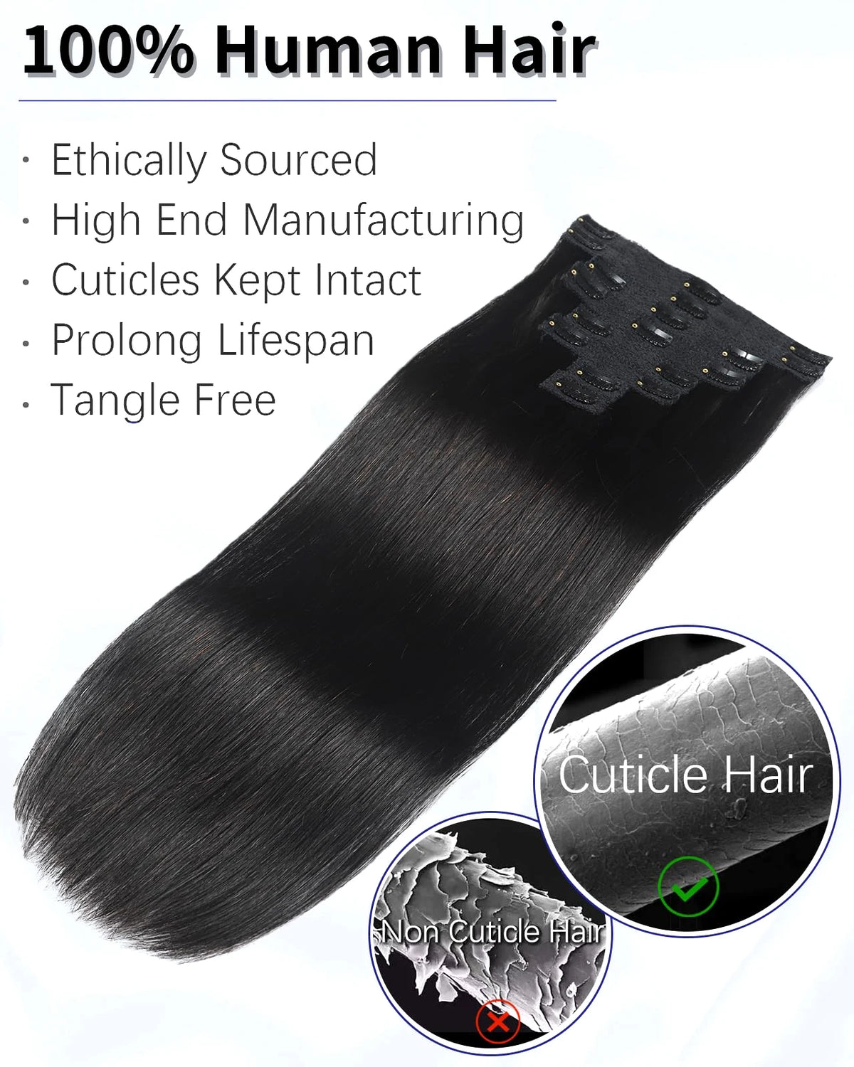 Straight clip-in human hair extensions, natural black 18-clip double weft set for women