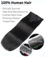 Straight clip-in human hair extensions, natural black 18-clip double weft set for women