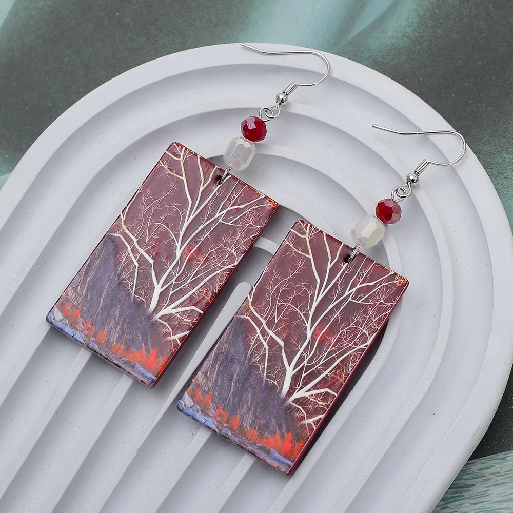 Red brown vintage tree dangle earrings for women by HSF Marketplace