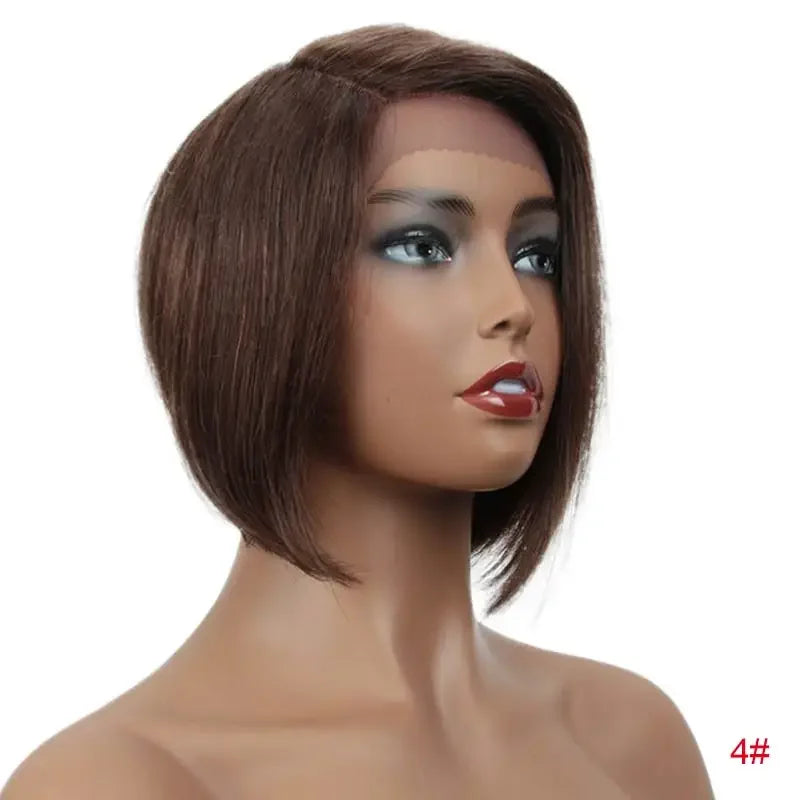 Straight bob human hair wig with lace front, short Brazilian style, featuring natural hair texture and parting detail.