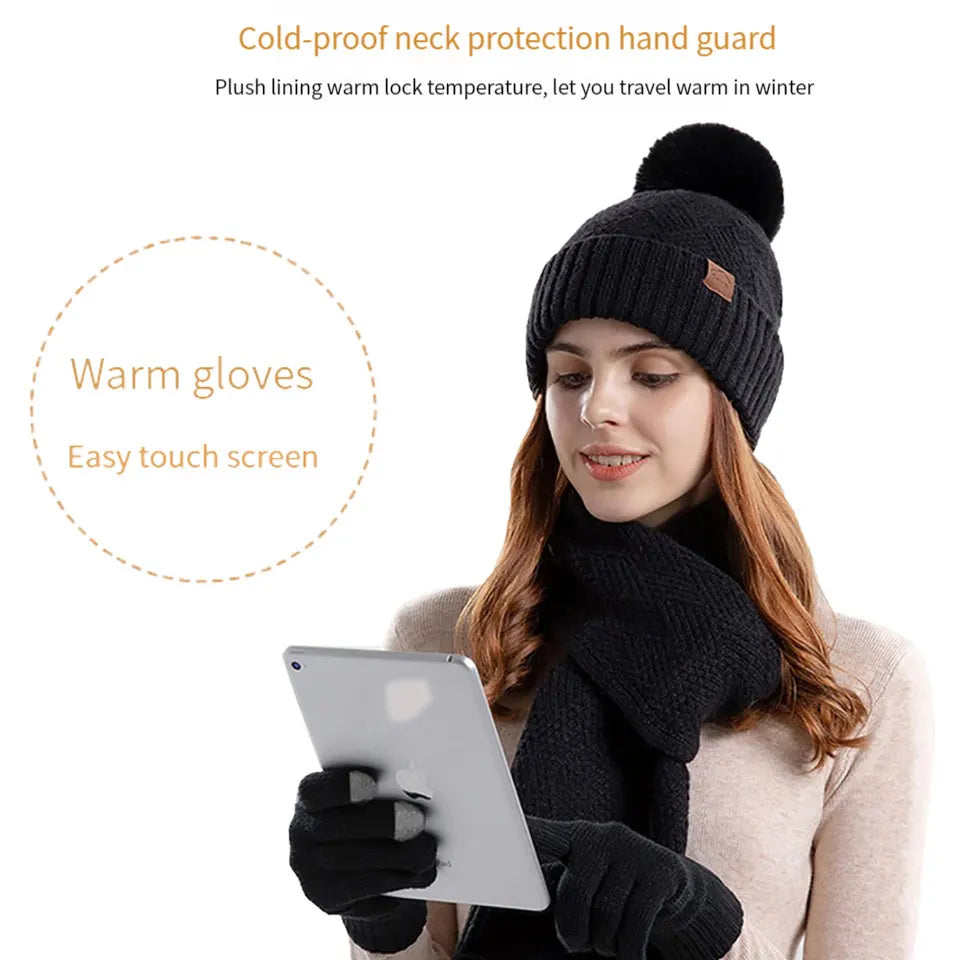 Women's winter beanie hat, scarf and gloves set in a coordinated three-piece design