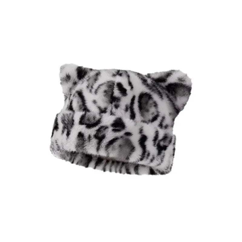 Women's leopard print plush teddy bear hooded beanie hat, thick and warm retro design