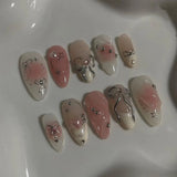 24pcs pink almond Korean press-on false nails with bowknots, love hearts, and pearl design by HSF Marketplace
