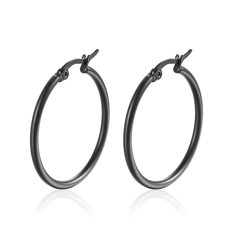Classic stainless steel hoop earrings for women, 30–80mm jewelry in a simple circular design