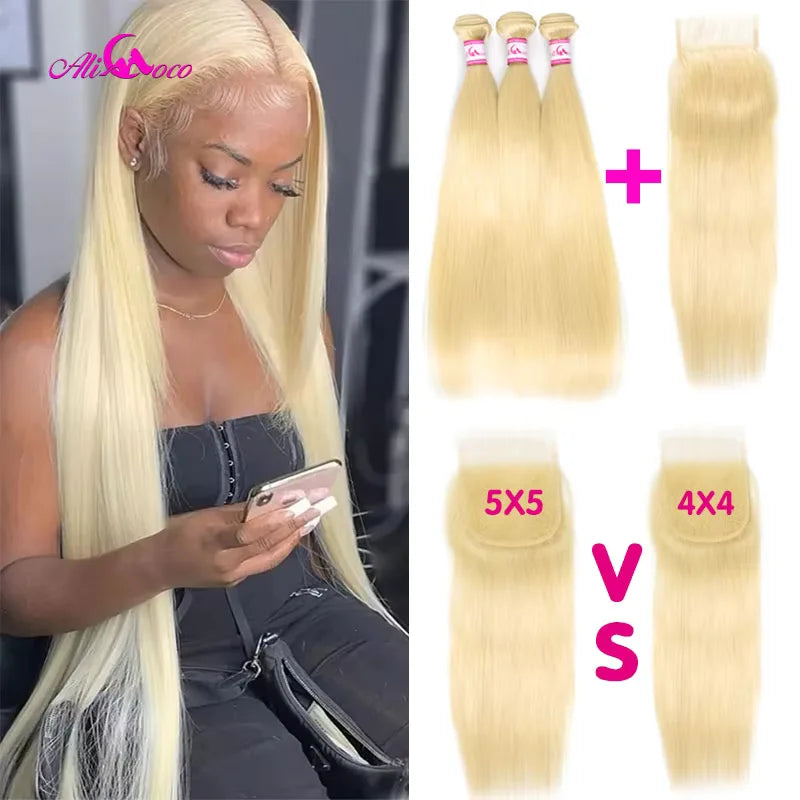 613 Honey Blonde With 5x5 Closure 613 Blonde Brazilian Straight Human Hair Bundles With Frontal Closure 613 Straight Bundles