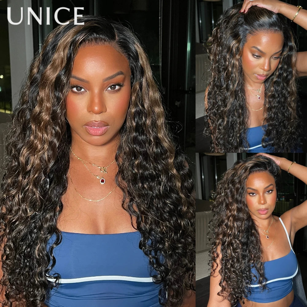 UNice Hair Water Wave Wig With Golden Brown Highlights 7x5 Pre Cut Pre Bleached Glueless Human Hair Lace Front Wig 150% Density