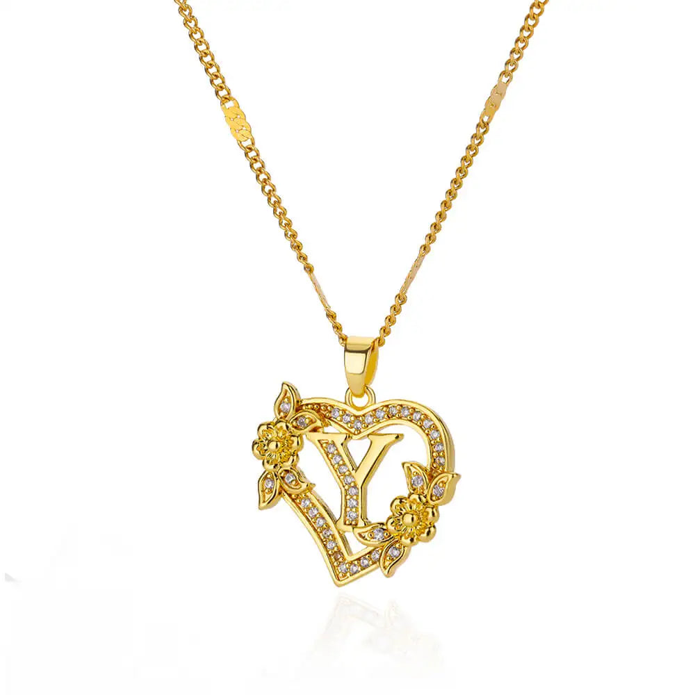 Gold heart initial letter necklace for women with stainless steel chain featuring A-Z alphabet pendant, birthday jewelry gift