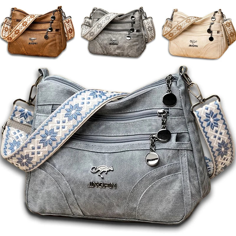 Vintage leather women's shoulder purse with multi-pocket design and ethnic pattern strap, ideal for everyday use.