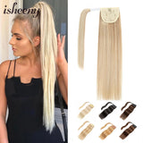 Isheeny straight human hair ponytail extension, natural Brazilian Remy wrap clip-in style, available in multiple lengths