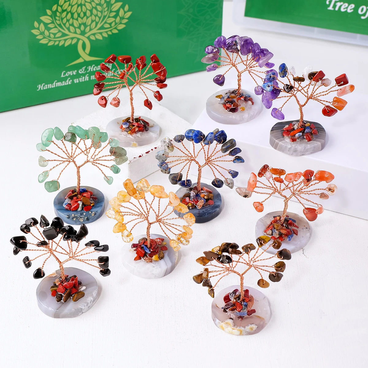 12pcs/box Natural Gemstone Crystal Chakela Lucky Tree With Agate Base Home Office Desk Living Room Crystal Decor Mini Sized Home