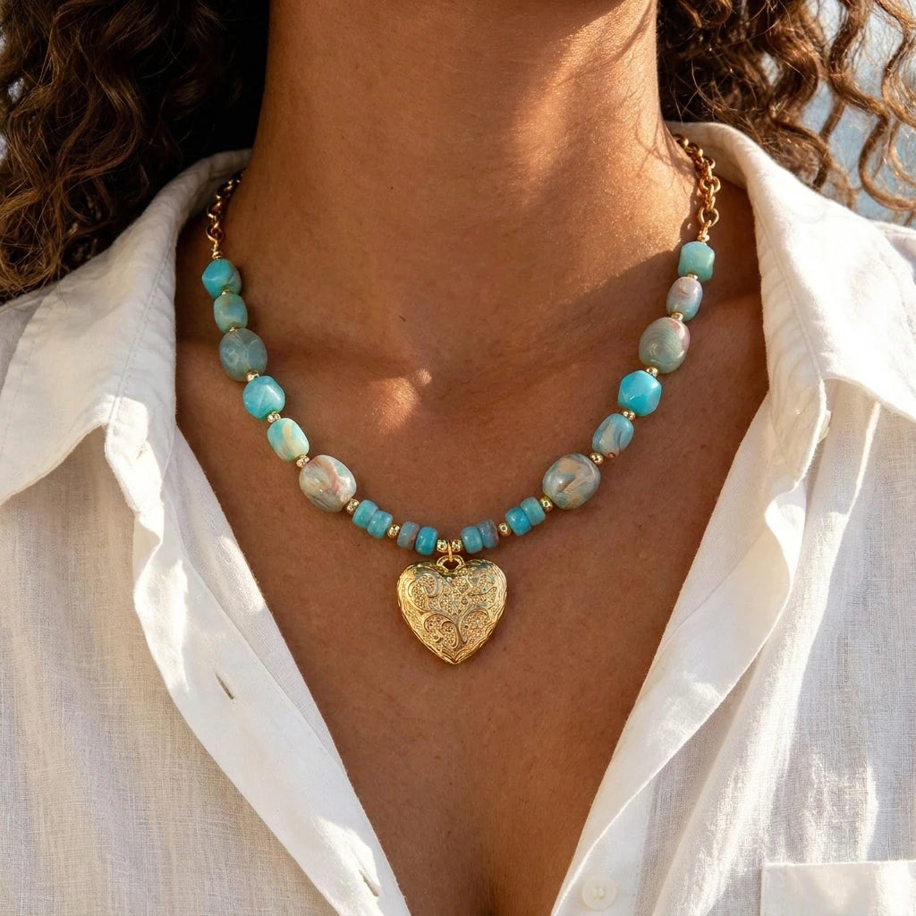 Boho stone beaded necklace with heart pendant for women by HSF Marketplace