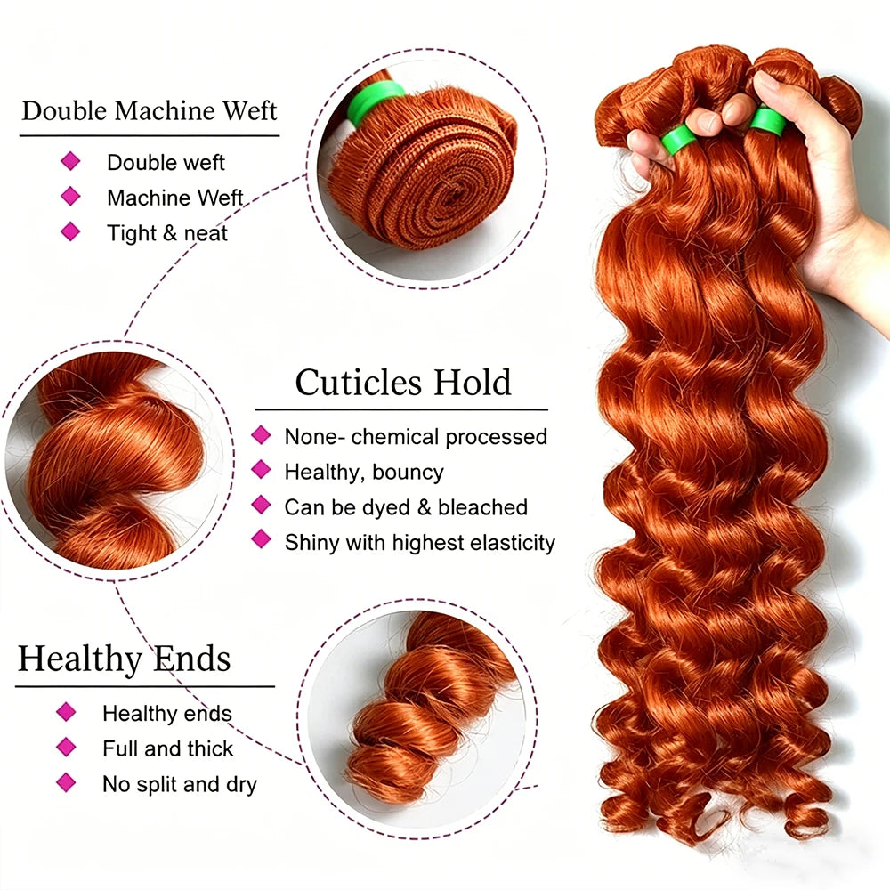 350 Ginger Loose Wave Human Hair Bundles With 4x4 5x5 6x6 HD Transparent Lace Closure Frontal HD Raw Virgin Hair Bundle Hair Ext