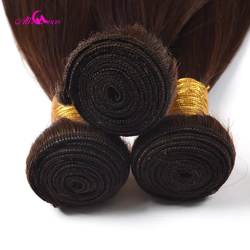 Chocolate Brown Bone Straight Bundles With Closure #4 Brazilian Hair Weave Bundles With Closure Remy Straight Human Hair Bundles