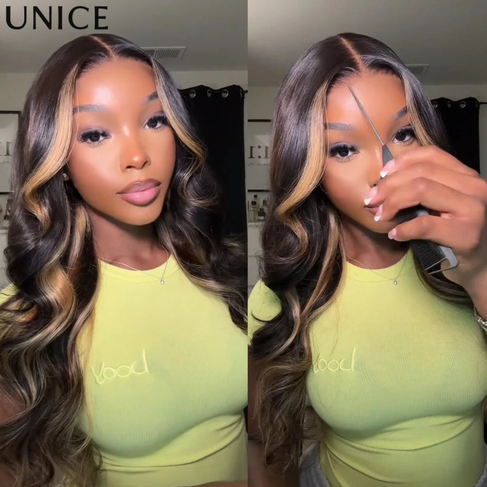 Butterscotch highlights loose wave human hair wig with bangs by HSF Marketplace