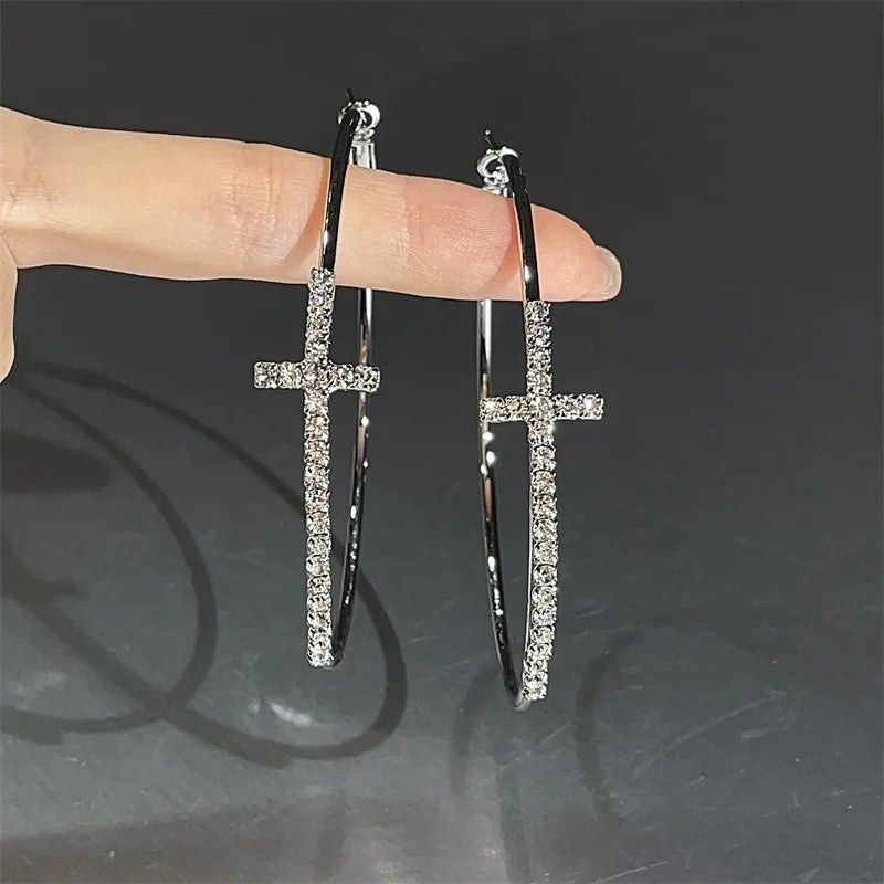 Shiny big circular cross hoop earrings with rhinestones for women, geometric jewelry by HSF Marketplace