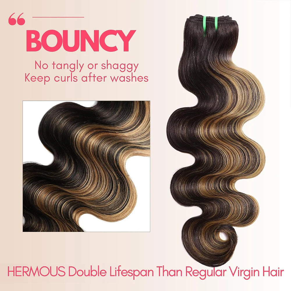Highlight Human Hair Bundles with Closure Body Wave Ultra Thick F1B/27 Honey Blonde Ombre Raw Hair Bundles with 4x4 Lace Closure