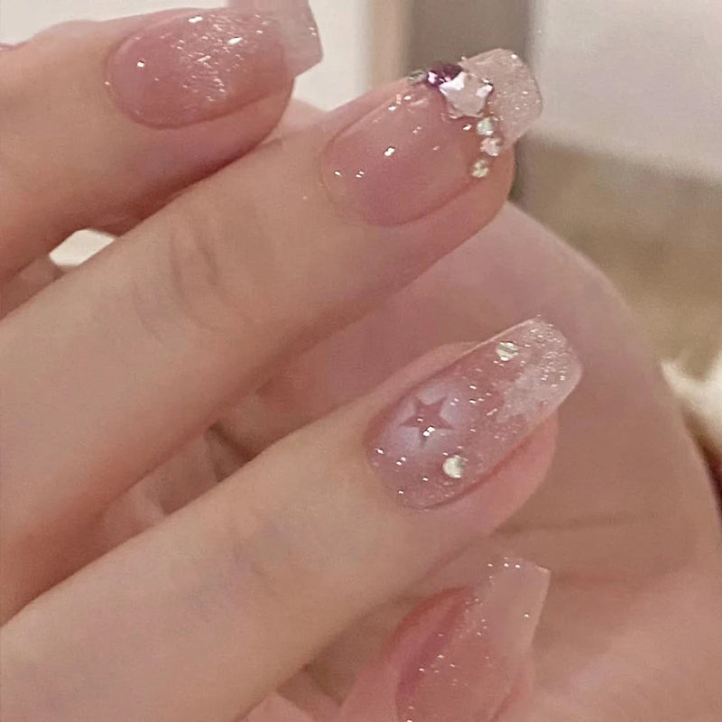 24-piece blush pink glitter diamond cat eye coffin press-on false nails, short square full-cover tips