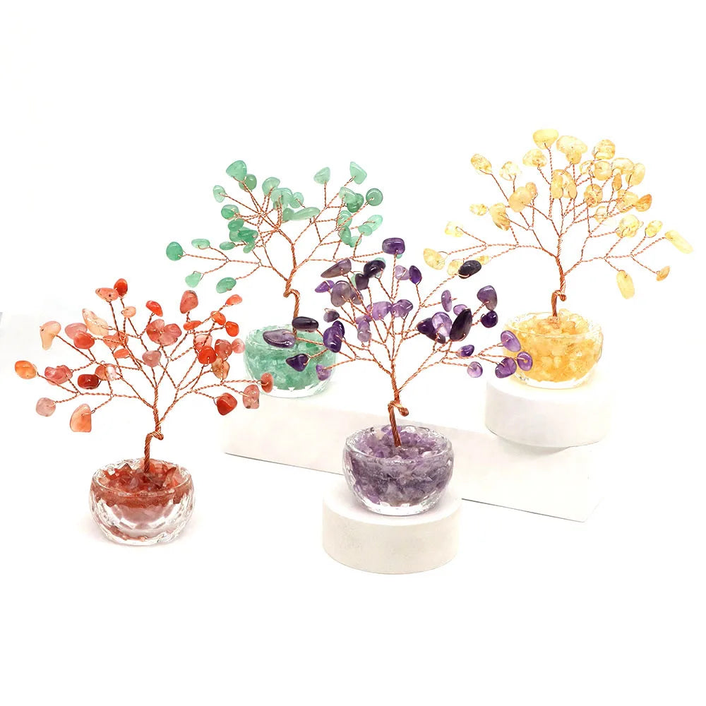 Natural Stone Crystal Money Tree Healing Gemstone Citrine Amethyst Copper Wire Wrapped Yoga Feng Shui Tree Home Decor Lucky Gift