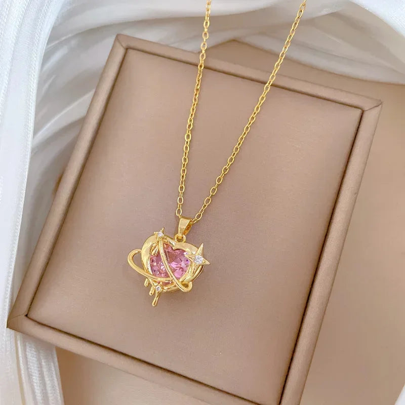 Trendy gold-tone stainless steel heart necklace with zirconia accents, perfect for women and girls for parties or daily wear.