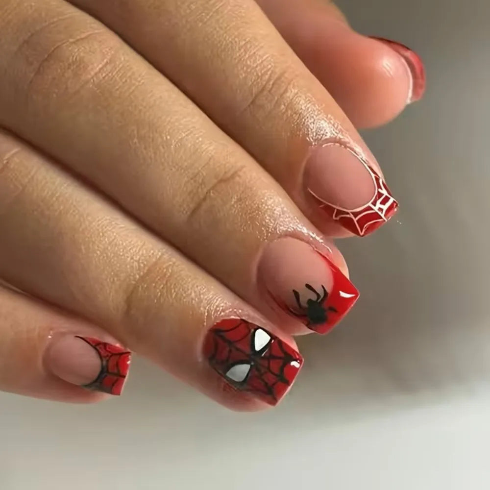24PCS Halloween red glossy square spider web press-on false nails by HSF Marketplace