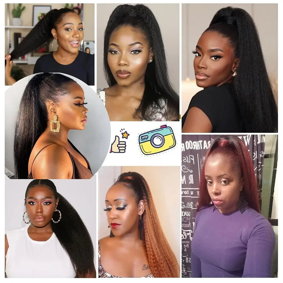Kinky straight virgin human hair wrap-around ponytail with clips and magic paste by HSF Marketplace