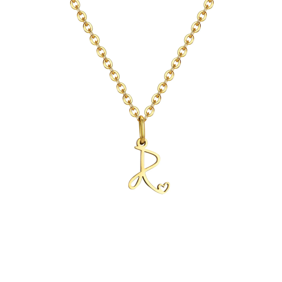 Gold plated dainty heart initial necklace for women with A-Z letter pendant, waterproof stainless steel monogram jewelry.