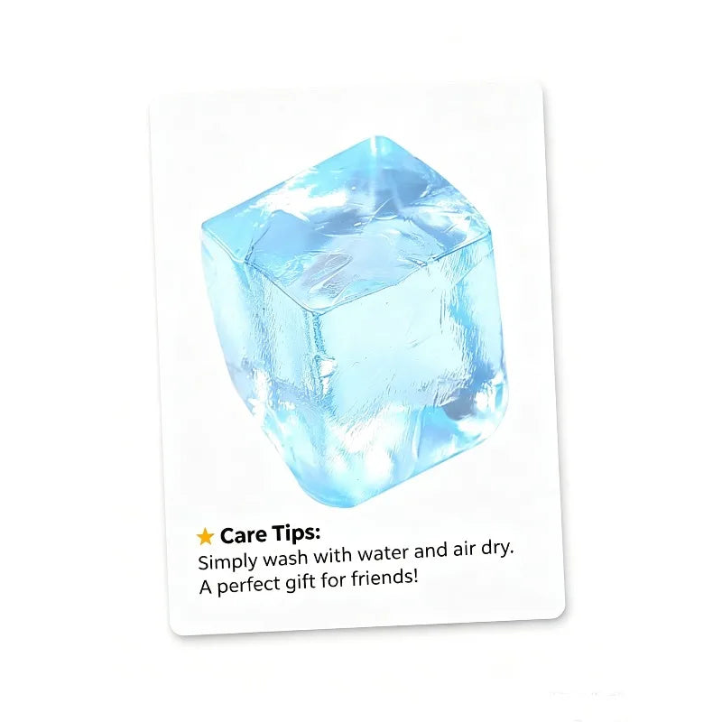 Transparent ice cube squishy toy with jelly TPR texture, stress relief fidget for teens and adults, by HSF Marketplace.