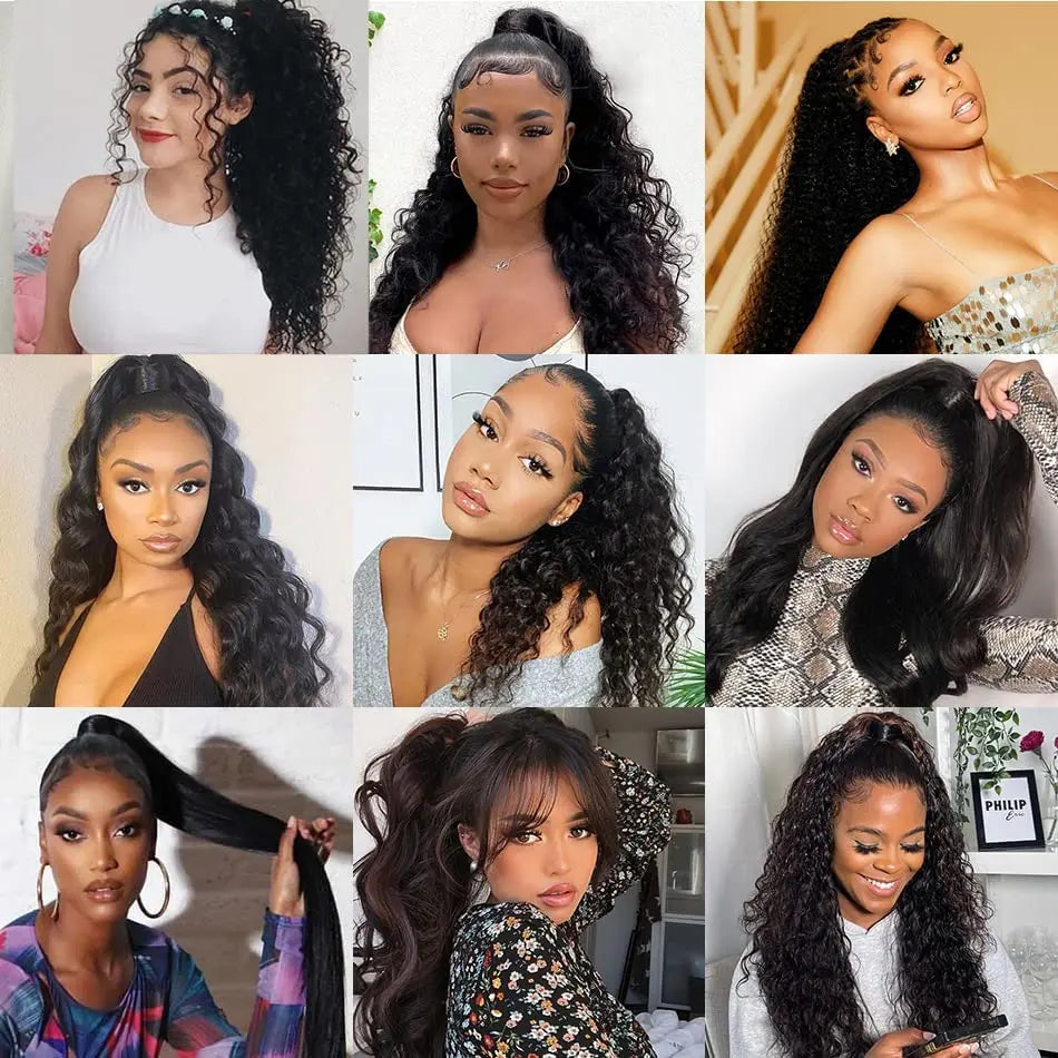 Kinky curly human hair drawstring ponytail extensions in natural black for women, Newmi 3B 3C curls