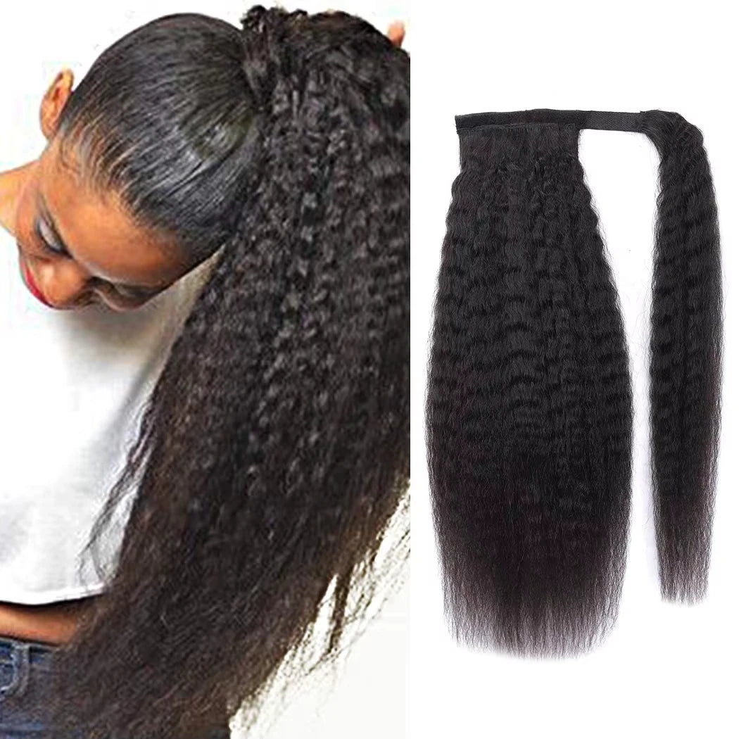 Kinky straight natural-color Remy Brazilian human hair wrap-around clip-in ponytail extension for women