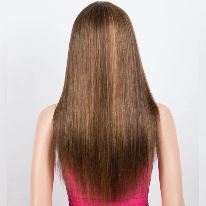 Straight human hair wig by HSF Marketplace featuring bangs and fringe, Brazilian straight style, full machine-made human hair wig.